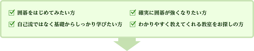 囲碁をはじめてみたい方 / 確実に囲碁が強くなりたい方 / 自己流ではなく基礎からしっかり学びたい方 / わかりやすく教えてくれる教室をお探しの方